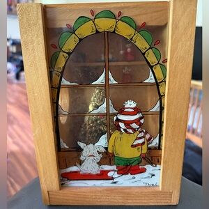 Vintage Winter Scene Glass Art shadow box